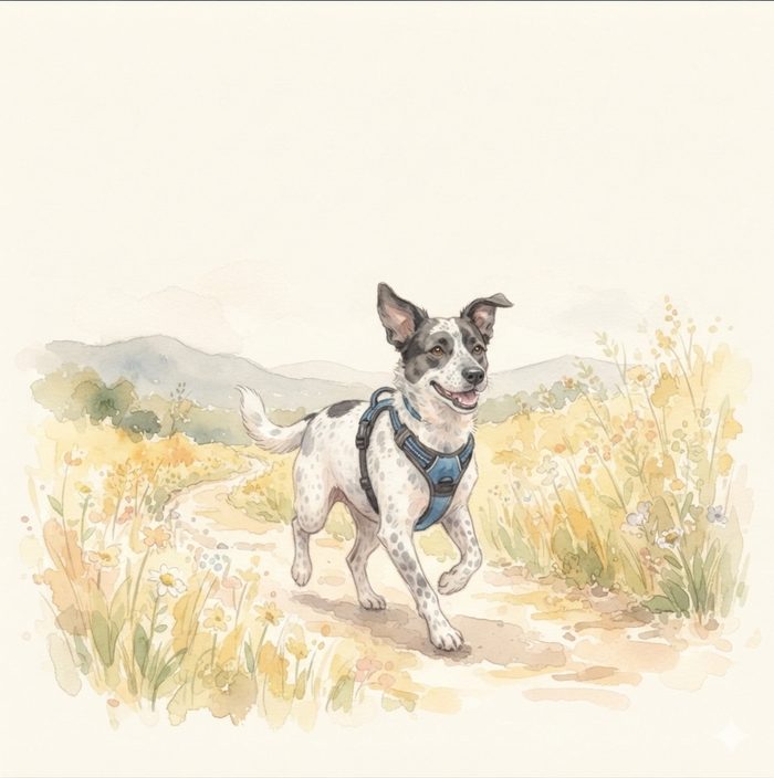 Dog trotting down a trail