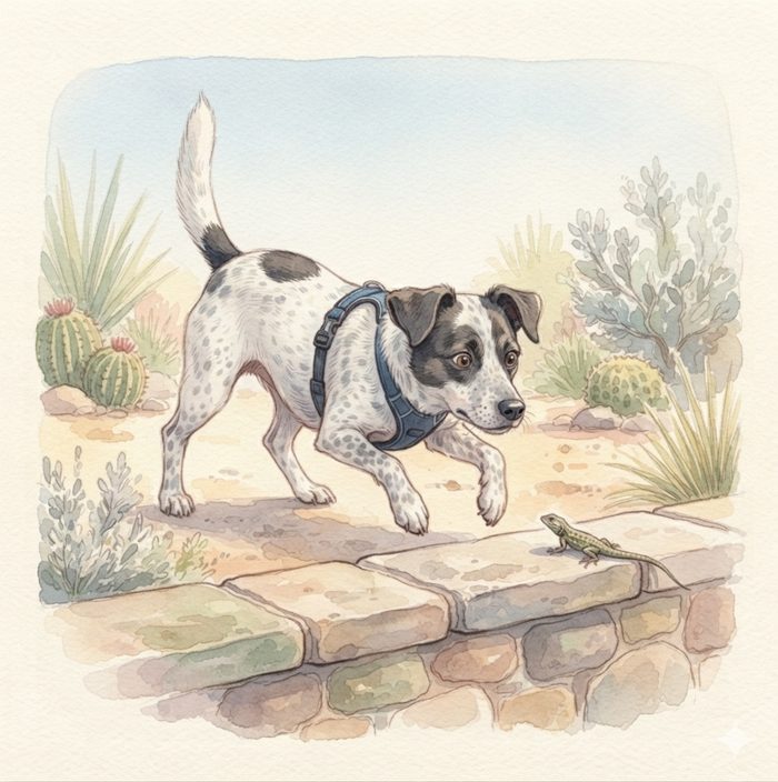 Dog staring at a lizard on a wall
