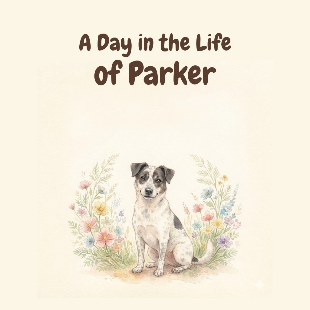 Sample storybook cover illustration of a dog surrounded by wildflowers, titled A Day in the Life of Parker